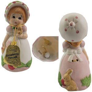 Jasco Strawberry Patches Porcelain Girl w/Bird Bell Home Décor Accent Keepsake